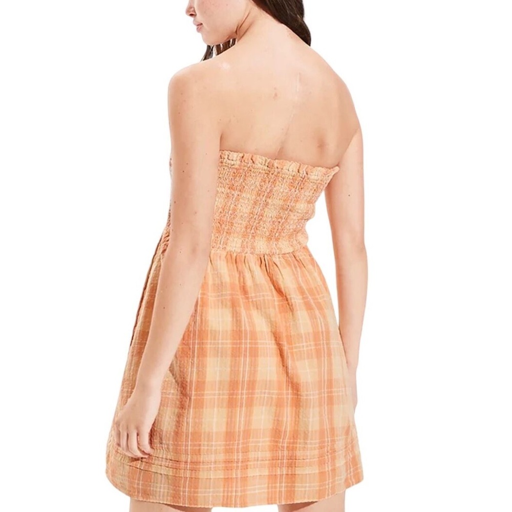 American Eagle Smockin On Sunshine Strapless Dress Peach Plaid Linen Blend | XS - Picture 2 of 9